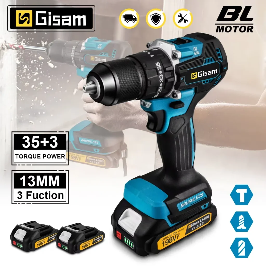 Gisam Akku-Schlagbohrschrauber 65 Nm, 13 mm, 35+3 Stufen, kompatibel mit Makita 18-V-Akkus